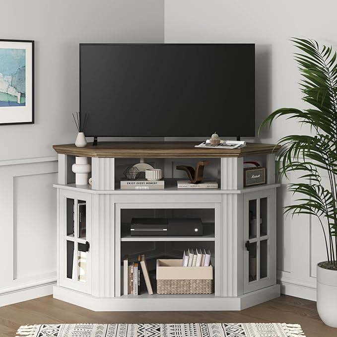 YESHOMY Corner Fireplace TV Stand for Television up to 55" with Storage Cabinets, Entertainment Center, Media Console for Living Room, Bedroom, White - LeafyLoom