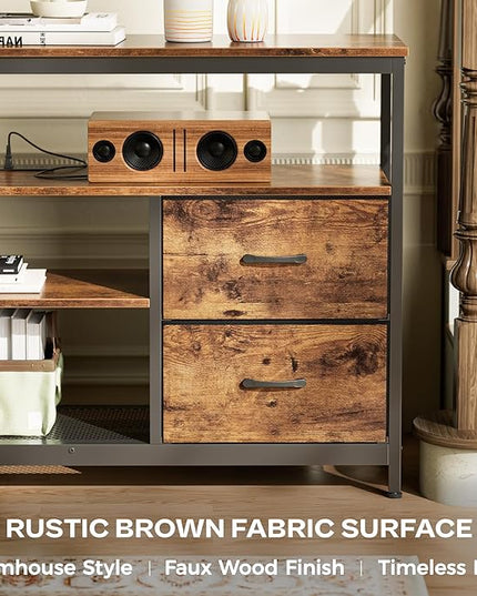 TV Stand Dresser with Power Outlets and LED Lights, 4 Drawers Entertainment Center with Shelves, 54 Inch Media Console for 55 60 Inch TV, 4 AC Outlets, 2 USBs, Rustic Brown - LeafyLoom