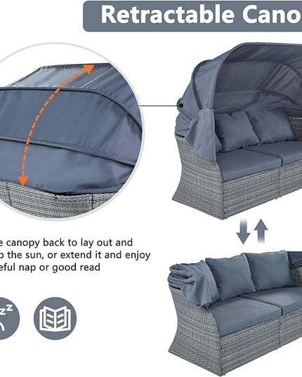 Rectangle Furniture Daybed Sunbed with Retractable Canopy, Outdoor Wicker Conversation Set with Cushions for Patio, Backyard, Porch, Garden, Hc-Gray - LeafyLoom