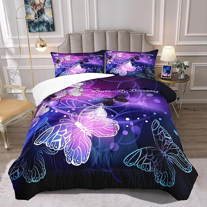 3D Butterfly Comforter Set Full Size for Girls Teens, 3Pcs Purple Animals Pattern Printed Bedding Set for All-Season, Lightweight Soft Breathable Bedroom Fantasy Quilt with 2 Pillowcases - LeafyLoom