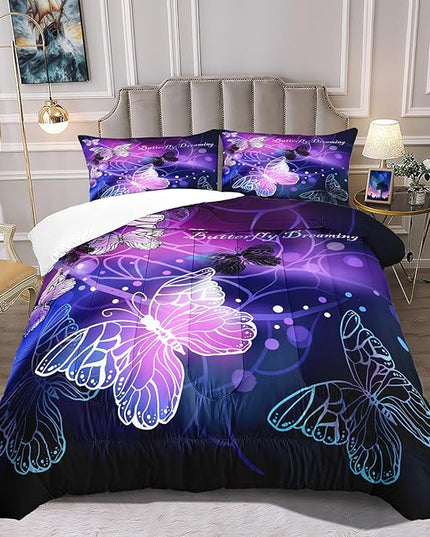 Butterfly Comforter for Girls Teen, 3D Printed Novel Bedding Set Queen Size, Cute Animals Pattern Purple Comforter Set Soft Breathable Microfiber Quilt for All Season 3Pcs with Pillowcases - LeafyLoom