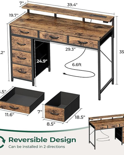 Gaming Desk with 6 Drawers, Computer Desk with LED Lights Power Outlets and Type-C, 39 Inch Office Desk with Storage, Monitor Stand, Writing Desk Work Desk Home Office, Study, Rustic Brown - LeafyLoom