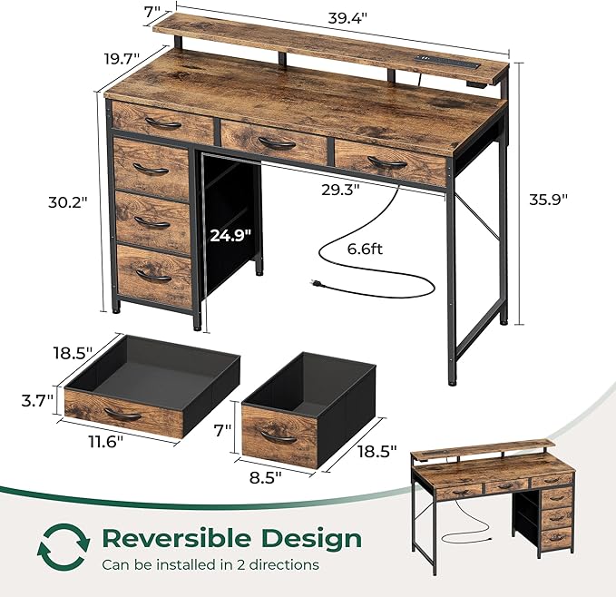 Gaming Desk with 6 Drawers, Computer Desk with LED Lights Power Outlets and Type-C, 39 Inch Office Desk with Storage, Monitor Stand, Writing Desk Work Desk Home Office, Study, Rustic Brown - LeafyLoom