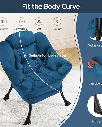 Fabric Lazy Chair Large Accent Chair,Velvet Frabic Modern Lounge Reading Chair with Armrests & Side Pocket,Upholstered Armchair for Living Room,Bedroom,Dorm,Blue - LeafyLoom