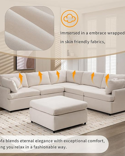 Modern 3 Seater Sofa with Removable Back and Seat Cushions, Linen Upholstered Sectional Couch w/ 4 Pillows & Sturdy Wood Legs for Living Room, Apartment, Office, 91 Inch, 152.8inch, Beige-5 - LeafyLoom