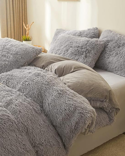 FOPPA Gray Fuzzy Plush Comforter Cover Set Queen - Ultra Soft Plush Gray Bedding Sets 3 Pieces (1 Faux Fur Duvet Cover + 2 Shaggy Pillow case) Fluffy Bed Set (Gray, Queen) - LeafyLoom