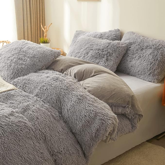 Fluffy gray comforters Cover twin size - Ultra Soft Plush gray bedding Sets 2 Pieces (1 faux fur comforter Cover + 1 fuzzy pillow case) girls shaggy gray twin bed set (Gray, Twin) - LeafyLoom