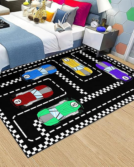 Car Rug Race Car Rug Car Track Rugs for Boys Race Track Carpet Race Car Track Rug Car Rug for Boys Room Car Rug Play Mat Car Carpet for Kids Rugs for Boys Bedroom,Black 3'×4' - LeafyLoom