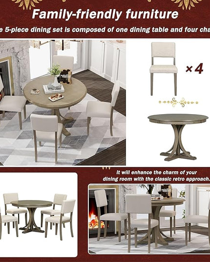 5 Piece Modern Round Dining Set, Including Solid Wood Curved Trestle Style Table Legs and 4 Upholstered Backrest Cushioned Chairs, for Kitchen, Living Room, Taupe+Beige - LeafyLoom