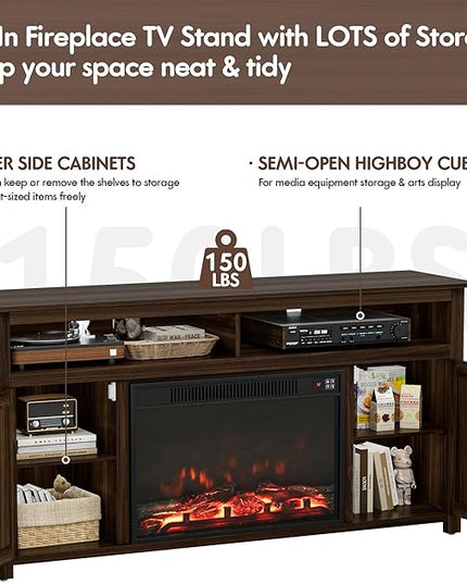 YESHOMY Fireplace TV Stand for Television up to 65+ Inch with Storage and Farmhouse Barn Doors, Entertainment Center with Cabinet and Shelves, Media Console for Living Room, Walnut - LeafyLoom