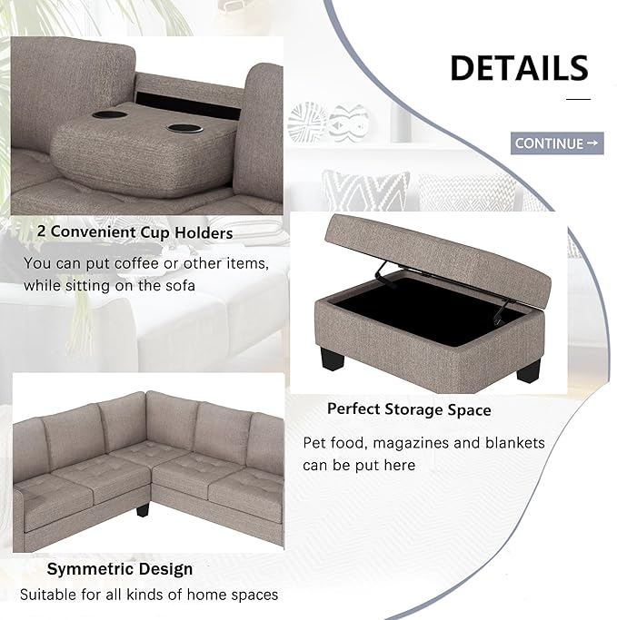85" L-Shape Sectional Corner Sofa with Storage Ottoman, Modern Linen Upholstered Couch w/Convenient Cup Holder, for Living Room, Apartment, 85 Inch, Brown - LeafyLoom