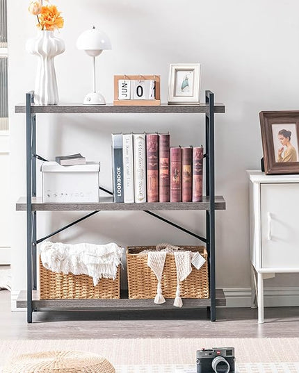 HCHQHS Bookshelf, 3-Tier Industrial Bookcase, Rustic Open Book Shelf, Freestanding Horizontal Bookshelves with Metal Frame - LeafyLoom