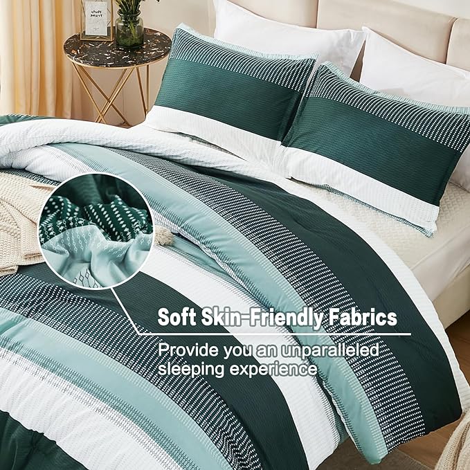 Litanika Dark Emerald Green Bed Comforter Queen Set, 3 Pieces Forest Bedding Set, Double Colorblock Stripe Vintage Bed Set (90x90Comforter, 2 Pillowcases) - LeafyLoom