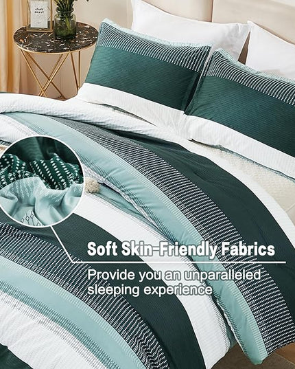 Litanika Dark Emerald Green Bed Comforter Full Set, 3 Pieces Hunter Green Bedding Set, Colorblock Stripe Vintage Style (79x90In Comforter & 2 Pillowcases) - LeafyLoom