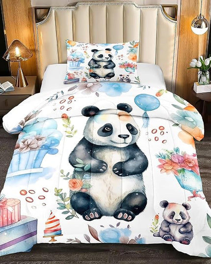 Panda Comforter Set Twin Size - Panda Bedding for Boys Girls Cute Panda Set Cartoon Pandas Print Comfort Twin Bedding Set for Kids Teens, 1 Comforter+1 Pillowcase - LeafyLoom