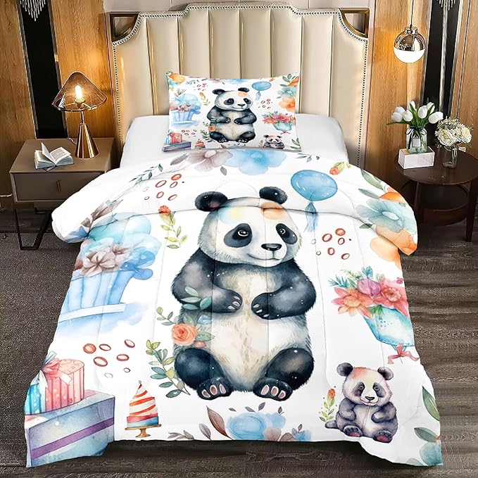 Panda Comforter Set Twin Size - Panda Bedding for Boys Girls Cute Panda Set Cartoon Pandas Print Comfort Twin Bedding Set for Kids Teens, 1 Comforter+1 Pillowcase - LeafyLoom