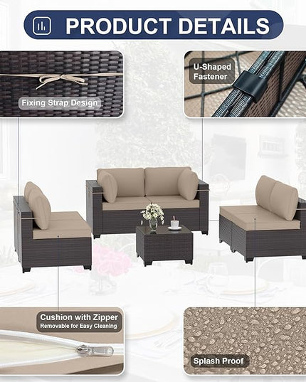 Patio Furniture Set 7-Pieces Outdoor Furniture for Backyard Wicker Sectional Sofa Set, Rattan Patio Conversation Set with Thickened Cushions and Glass Coffee Table, Sand - LeafyLoom