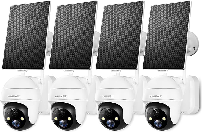 ZUMIMALL Solar Security Cameras Wireless Outdoor - 4 Packs, 360° View Outdoor Camera Wireless Solar Powered,2.4G WiFi Only, Spotlight/Siren//3MP Color Night Vision/AI Detection/IP66, Work with Alexa ZUMIMALL