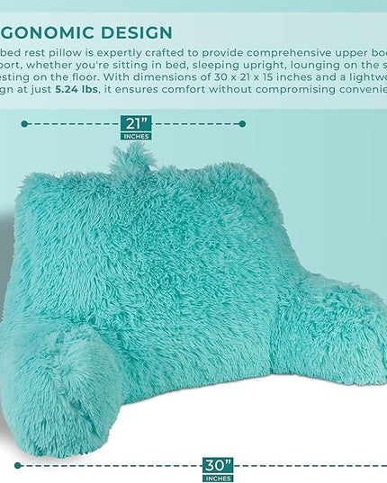 Klear Vu Shaggy Reading Pillow Back Rest Body Pillow for Adults and Kids, Lumbar and Arm Support on Bed, Chair, Couch, Sofa and Floor, 30" x 21", One Size, Aqua - LeafyLoom