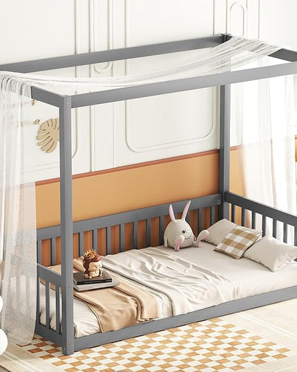 Twin Size Canopy Bed Frame with Guardrails for Kids,Floor Bed Twin with Four Poster Design,Kids Montessori Floor Bed,Wood Canopy Bed Frame for Girls,Boys(Twin,Grey) - LeafyLoom