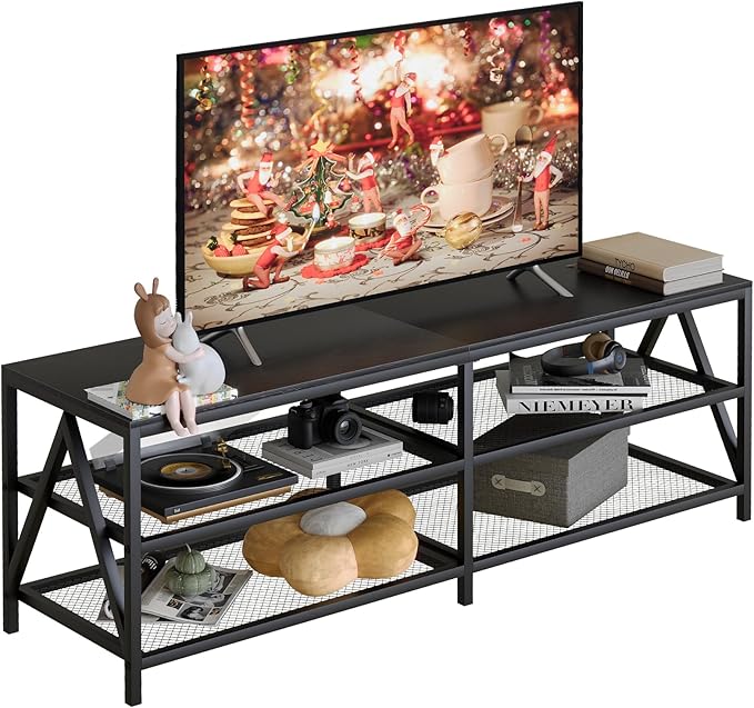 TV Stand for TV up to 65 Inch, Long 55" TV Cabinet with 3-Tier Storage Shelves,Entertainment Center TV Console Table for Living Room with Industrial TV Metal Frame, Black Oak - LeafyLoom
