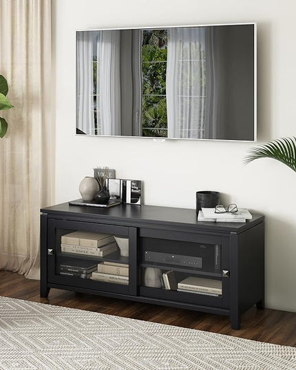 SIMPLIHOME Cosmopolitan SOLID WOOD 48 Inch Wide Contemporary TV Media Stand in Black for TVs up to 55 Inch, For the Living Room and Entertainment Center - LeafyLoom