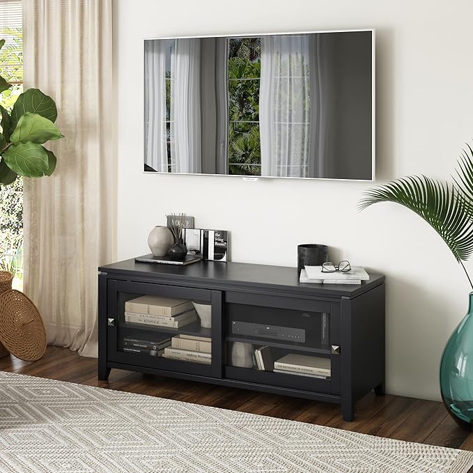 SIMPLIHOME Cosmopolitan SOLID WOOD 48 Inch Wide Contemporary TV Media Stand in Black for TVs up to 55 Inch, For the Living Room and Entertainment Center - LeafyLoom