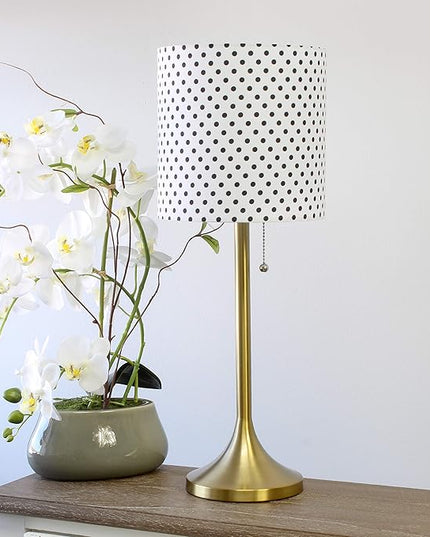 Simple Designs LT1076-GDD Tapered Fabric Drum Shade Table Lamp, Gold and Polka Dot - LeafyLoom