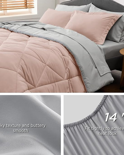Bedsure Blush Pink Full Size Comforter Set - 7 Pieces Reversible Full Bed in a Bag, Full Bed Set with Comforters, Sheets, Pillowcases & Shams, Peach Pink Full Bedding Sets - LeafyLoom