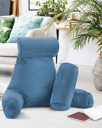 Clara Clark Reading Pillow, Large Back Pillow for Sitting Up in Bed, Memory Foam Back Support Pillow, Reading Pillows for Sitting in Bed Adult, Blue Heaven Sit Up Pillow for Bed with Arms and Pockets - LeafyLoom