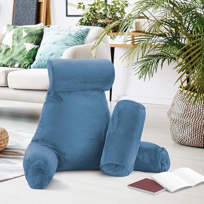 Clara Clark Reading Pillow, Large Back Pillow for Sitting Up in Bed, Memory Foam Back Support Pillow, Reading Pillows for Sitting in Bed Adult, Blue Heaven Sit Up Pillow for Bed with Arms and Pockets - LeafyLoom