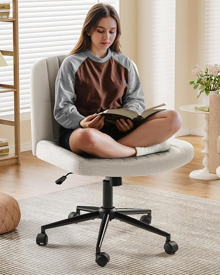Criss Cross Legged Chair with Wheels, Armless Swivel Wide Padded Height Adjustable Fabric Home Office, Beige - LeafyLoom