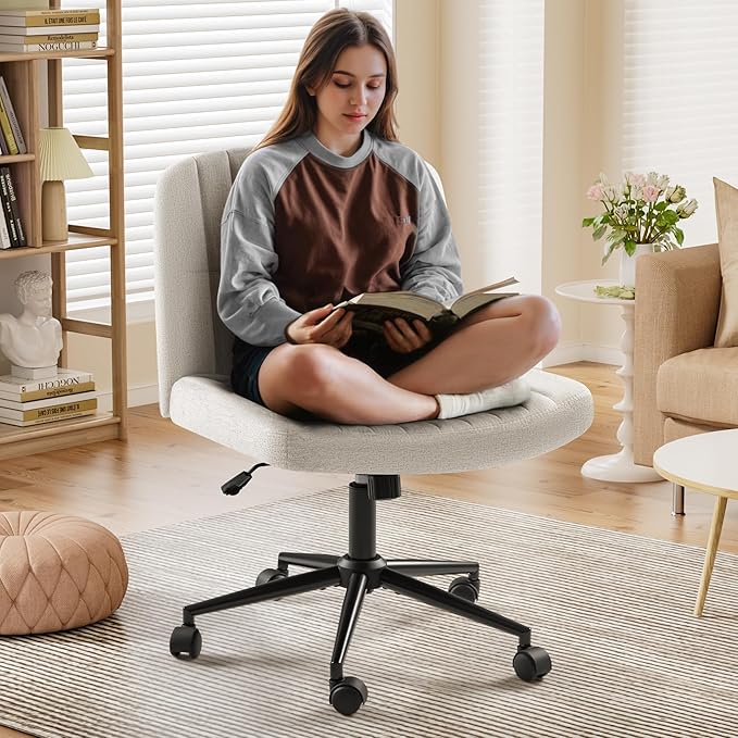 Criss Cross Legged Chair with Wheels, Armless Swivel Wide Padded Height Adjustable Fabric Home Office, Beige - LeafyLoom
