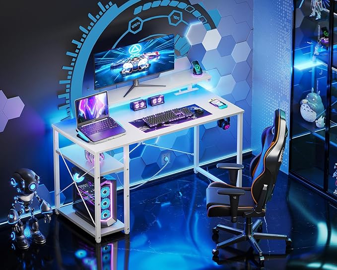 MOTPK White Desk with Led Lights & Power Outlet, 40 Inch Small Computer Desk with Shelves, Reversible Kids Desk with Adjustable Monitor Stand & Headphone Hook, Work Desk for Home Office - LeafyLoom