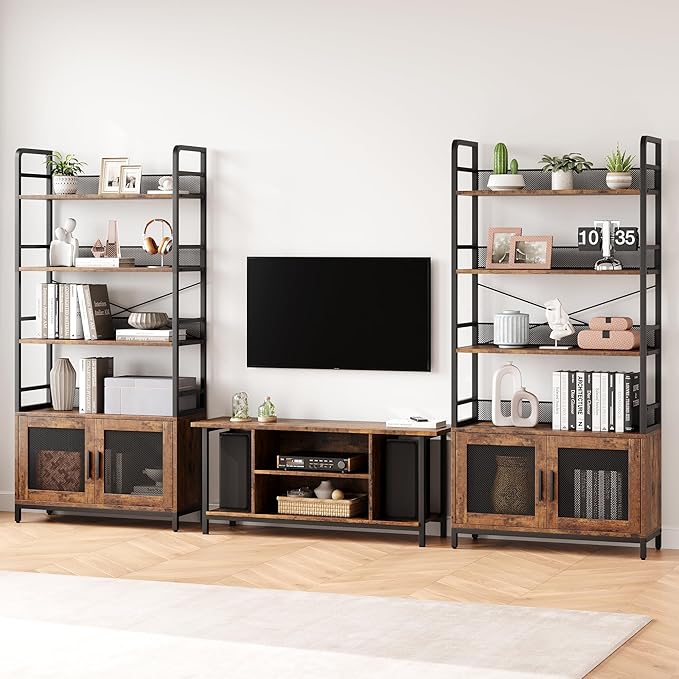 GAOMON Industrial Bookshelf with Doors 70.87" Tall Bookcase with 4 Tiers Open Storage Shelf Rustic Bookshelves Display Rack Cabinet Farmhouse Bookshelf for Bedroom, Living Room, Home Office, Brown - LeafyLoom