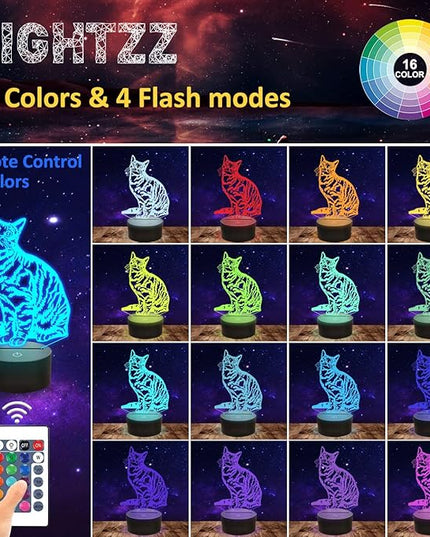Cat Pet Gifts for Kids Girls,3D Illusion LED Cat Lamp Night Light with Remote Control 16 Colors Changing Decoration Bedside Lamps - LeafyLoom