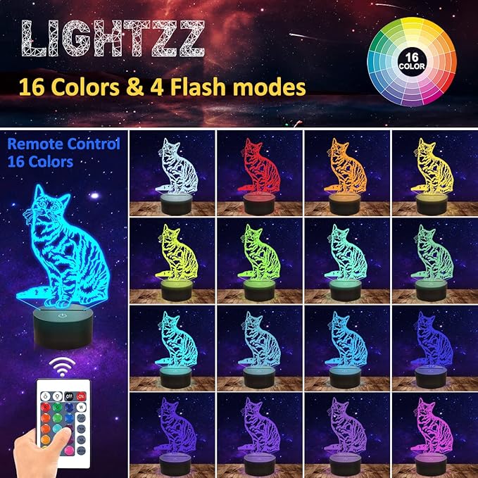 Cat Pet Gifts for Kids Girls,3D Illusion LED Cat Lamp Night Light with Remote Control 16 Colors Changing Decoration Bedside Lamps - LeafyLoom