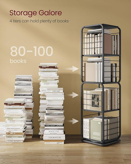 VASAGLE 4-Tier Rotating Bookshelf, Bookcase with Bookends for Small Spaces, Corner Shelf, Steel Frame, Ebony Black and Ink Black ULLS127B56 - LeafyLoom
