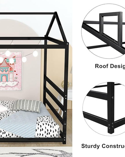 Bellemave Queen Size Metal Floor Bed for Kids,Montessori Floor Bed with Roof,House Bed for Boys Girls,Metal House Shape Platform Bed,Black - LeafyLoom