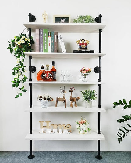 Ladder Pipe Shelves, Wall Mounted Industrial Shelves for Living Room Storage (White, 5 Tier - 10" D x 36" W x 70" H) - LeafyLoom