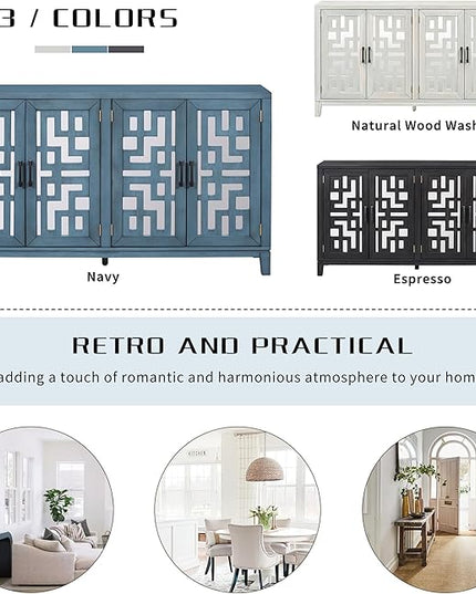 60" Retro Mirrored Buffet Sideboard with Metal Pulls,Accent Farmhouse-Style Wooden Storage Cabinet,W/ 4-Door,for Hallway,Entryway,Bedroom and Living Room,Navy - LeafyLoom