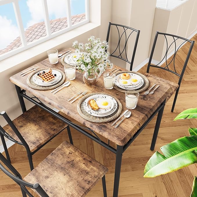 Kitchen Table and Chairs, Dining Room Table Set for 4 with Chairs, Kitchen Table Set Metal and Wood Rectangular Dining Table for Small Space, Apartment, Breakfast, Rustic Brown - LeafyLoom