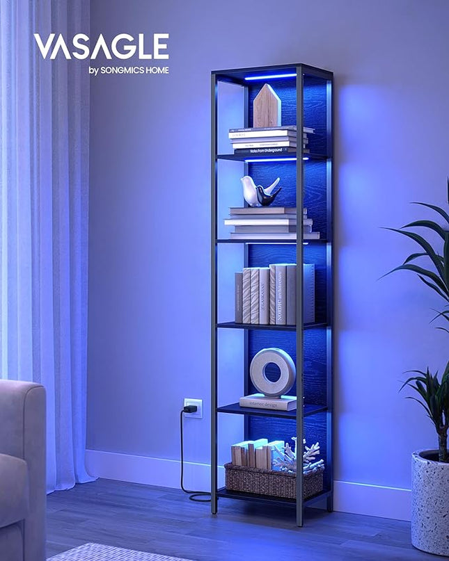 VASAGLE 6-Tier LED Bookshelf, Display Shelf with Dimmable Lights, LED Bookcase with Steel Frame, 11.9 x 15.7 x 70.3 Inches, for Living Room, Bedroom, Office, Black with Wood Grain ULLS121B56 - LeafyLoom