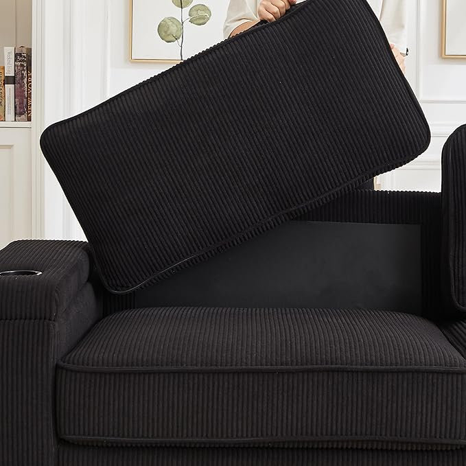 Modern Living Room Upholstered 3 Seater Sofa Couch Deep Seat Soft Corduroy Sofa&Couch with Storage Armrests, 2 Cupholders, Type-C and USB Charging Ports for Home, Apartment, Office - LeafyLoom