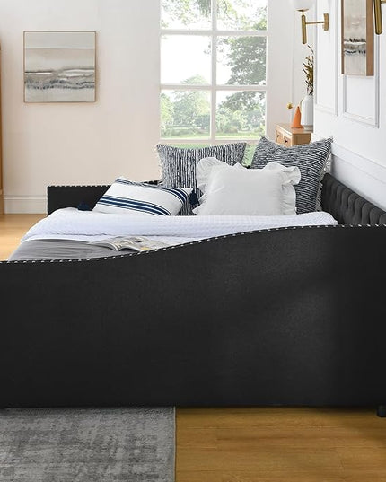 Queen Size Mid-Century Daybed, 2 Storage Drawers,Linen Button Upholstered Tufted Bed, Copper Nail on Waved Shape Arms, No Box Spring Needed,for Bedroom, Livingroom, Black - LeafyLoom