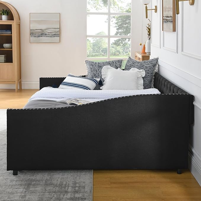 Queen Size Mid-Century Daybed, 2 Storage Drawers,Linen Button Upholstered Tufted Bed, Copper Nail on Waved Shape Arms, No Box Spring Needed,for Bedroom, Livingroom, Black - LeafyLoom