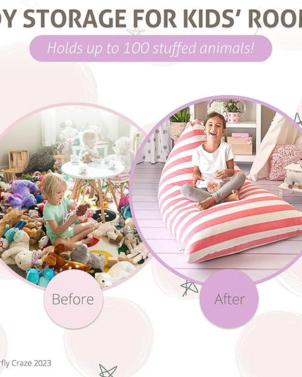 Butterfly Craze Bean Bag Chair Cover, Functional Toddler Toy Organizer, Fill with Stuffed Animals to Create a Jumbo, Comfy Floor Lounger for Boys or Girls, Stuffing Not Included, Light Pink Stripes - LeafyLoom