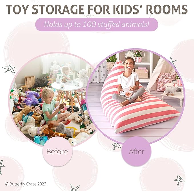 Butterfly Craze Bean Bag Chair Cover, Functional Toddler Toy Organizer, Fill with Stuffed Animals to Create a Jumbo, Comfy Floor Lounger for Boys or Girls, Stuffing Not Included, Light Pink Stripes - LeafyLoom