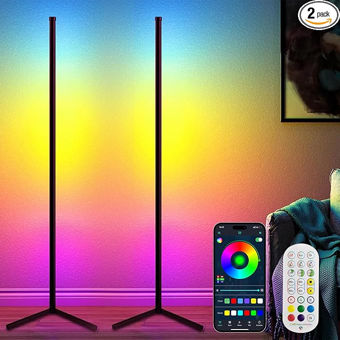 TJOY 2 pack Led Corner Floor Lamp, Smart RGB Floor Lamp with APP&Remote, 16 Million Colors Changing, Music sync, Modern corner led light for Bedroom Living Room and Gaming Room, Timing&Schedule - LeafyLoom