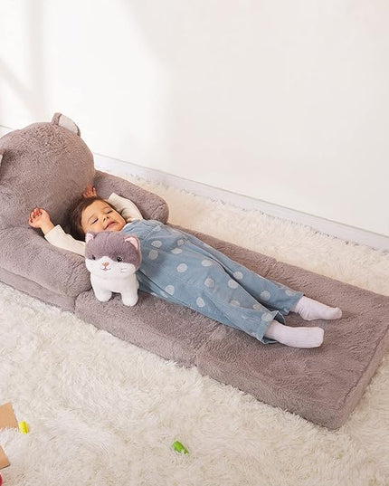 Kids Couch Fold Out Soft Toddler Chairs,Toddler Armrest Chair Bed for Play,Gift for 0-3 Years,Grey Kitty - LeafyLoom
